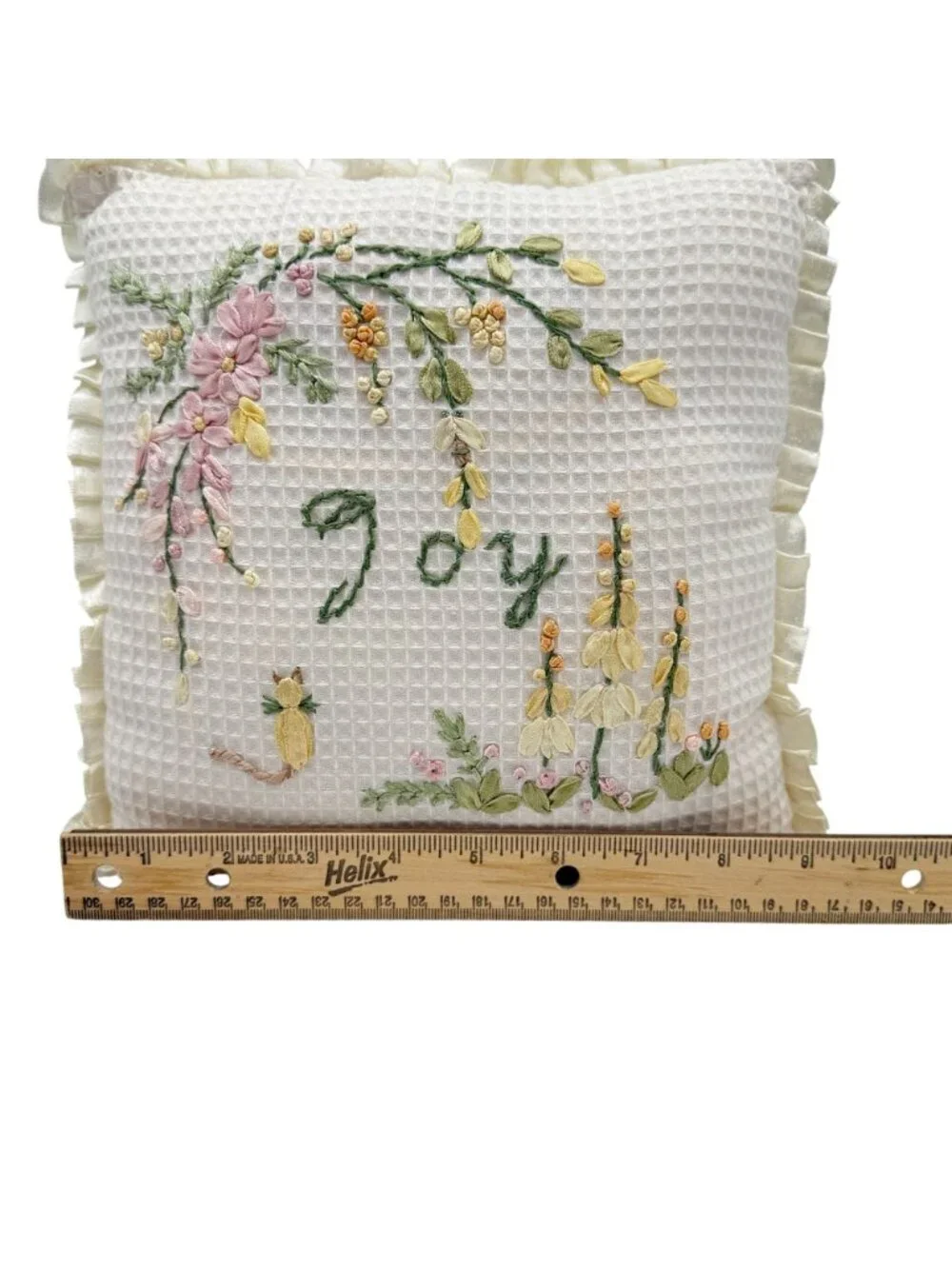 Ribbon Embroidered Throw Pillow Joy Floral Cat Ruffled Edge Cottagecore 9 In